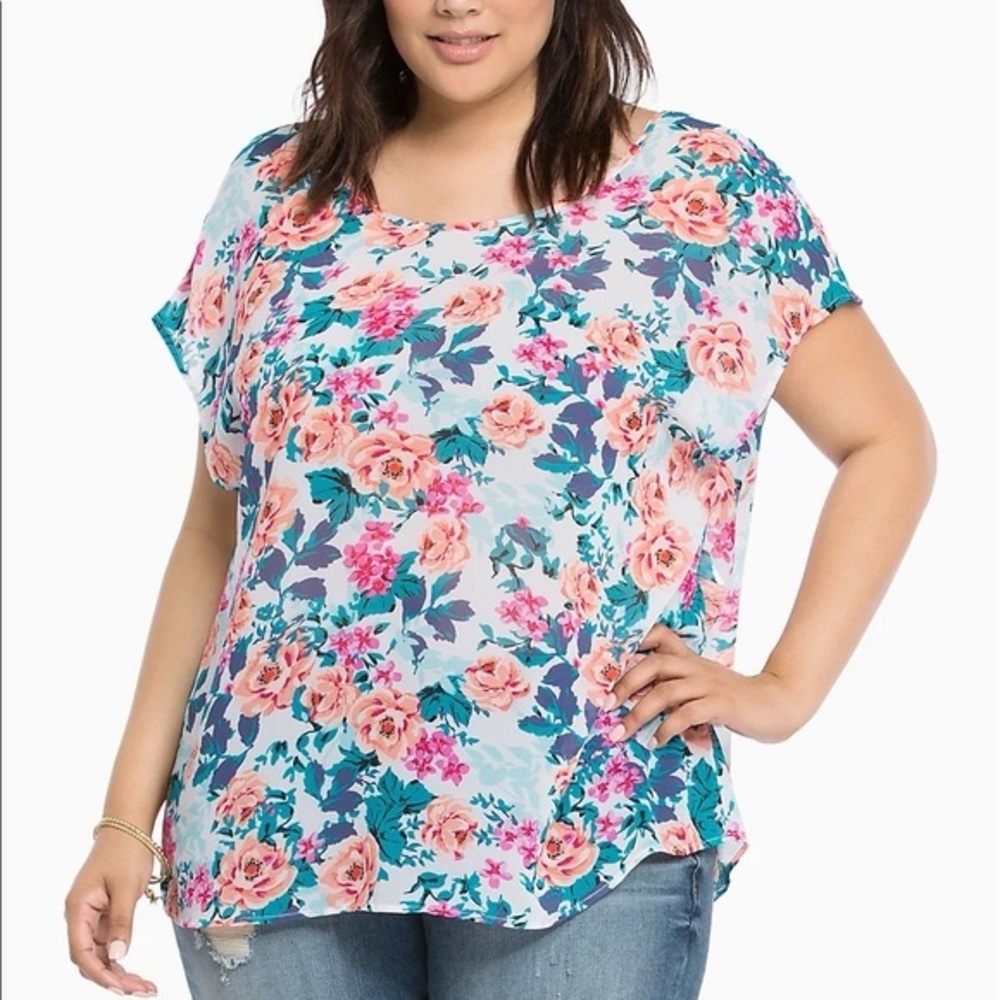 Torrid Floral Blouse Size 2 Sheer Drape Back Boho Cottagecore Plus